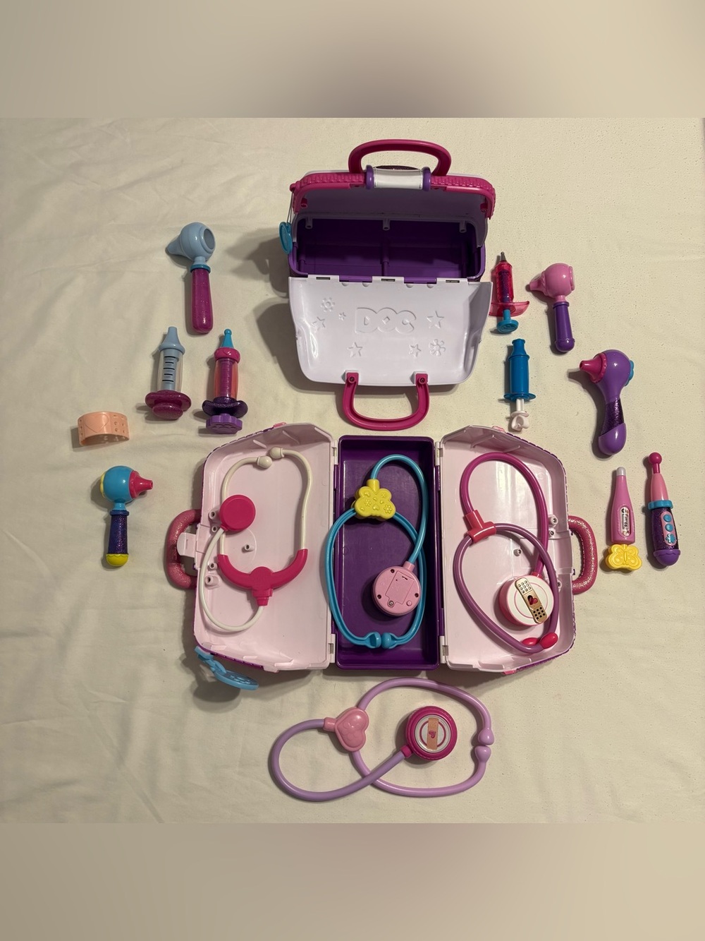 Two Disney Doc McStuffins Toy Hospital Doctors Bag Sets with accessories